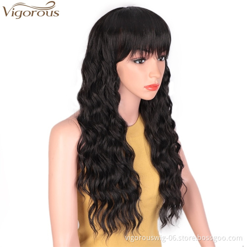 Vigorous Body Wave Synthetic Wigs with Hair Bangs Heat Resistant Fiber Long Wavy Wigs Black Women African American Wigs